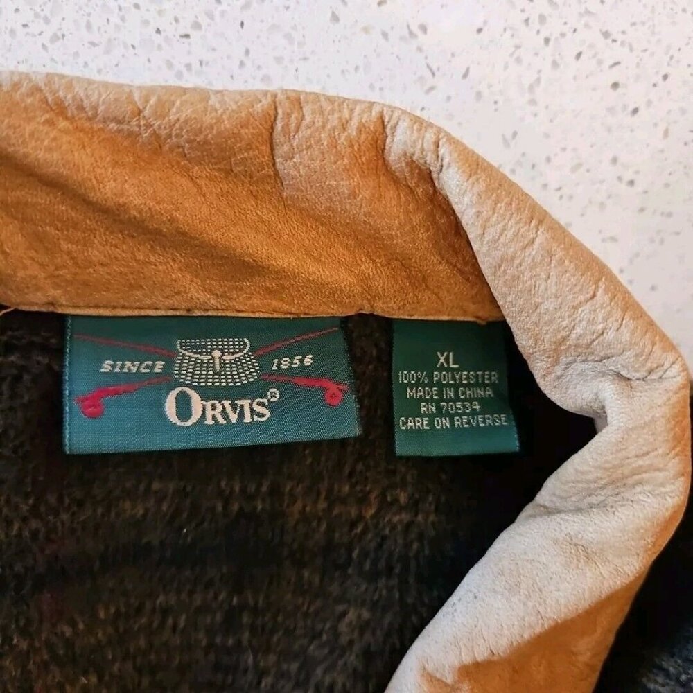 Orvis Fleece Teddy Jacket Mens XL Brown Black Plaid Faux Suede Utility Vintage - Picture 8 of 13